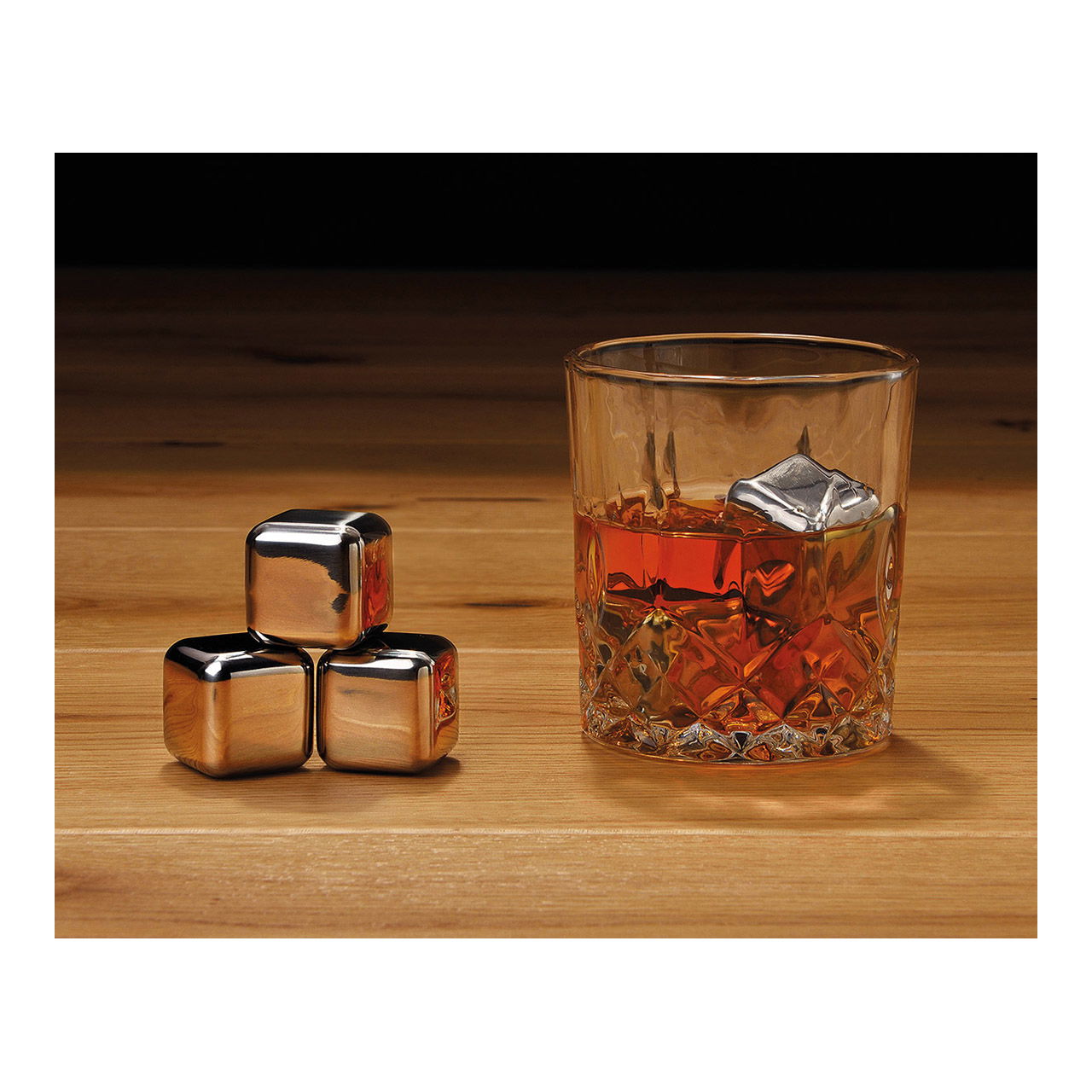 Stainless steel whisky ice cube set, 2.7cm, 4 cubes, 1 glass 9x8x9cm, 300ml, incl. velvet bag, in wooden box 19x10x14.7cm