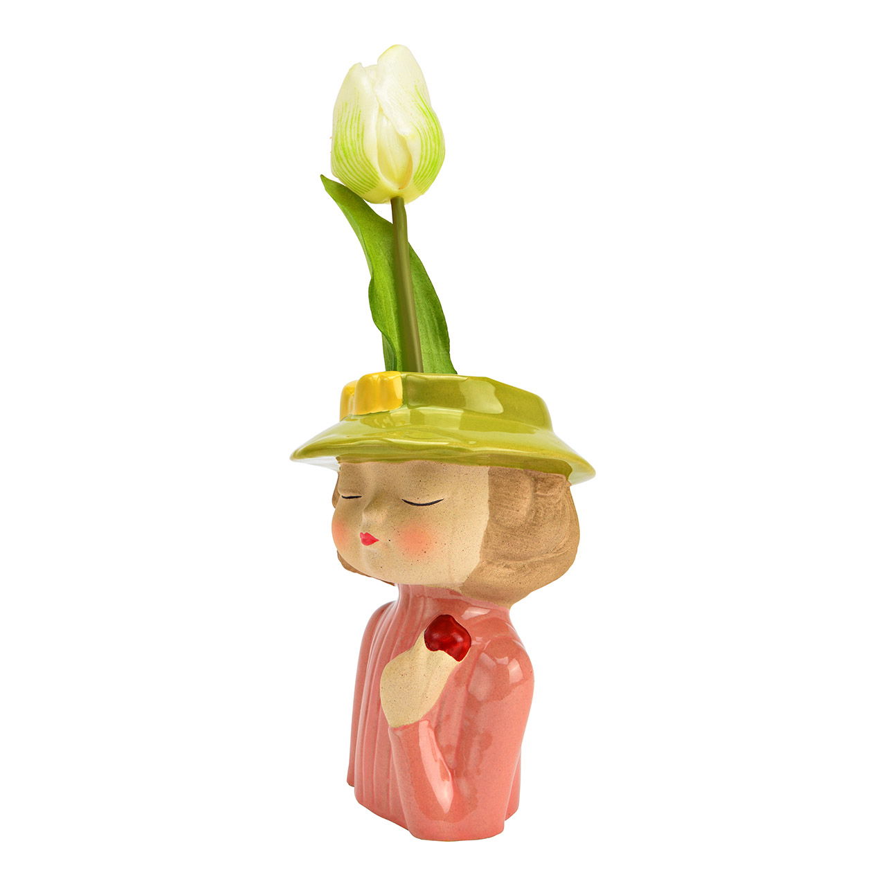 Maceta mujer con sombrero de gres, rosa/verde/beige (A/A/P) 10x15x9cm