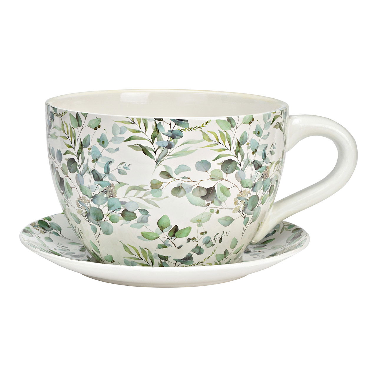 Pot de fleurs Jumbo Tasse Décor Eucalyptus en céramique vert (L/H/P) 29x23x14cm