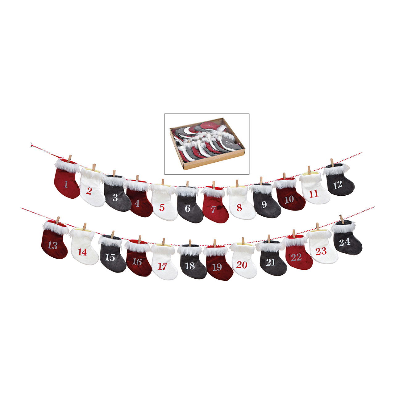 Adventskalender van polyester, 24 sokken (B/H) 9x13cm, rood/zwart/wit 220cm Adventskalender van polyester, 24 sokken (B/H) 9x13cm, rood/zwart/wit 220cm