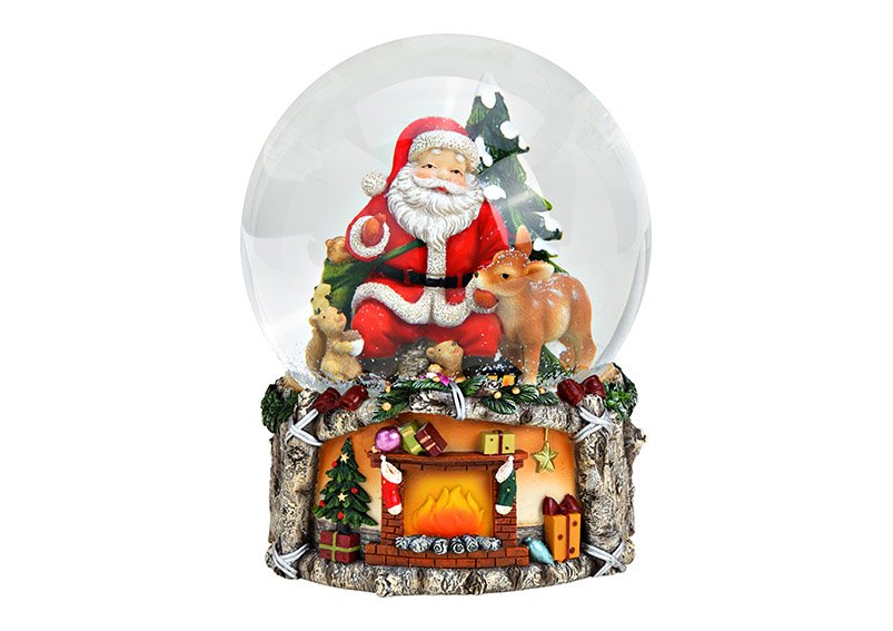 Scatola musicale, globo di neve Babbo Natale e animali in poli, vetro colorato (w/h/d) 15x20x15cm