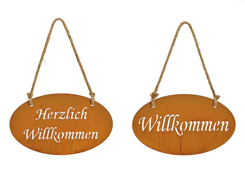 Hanger rusty finish,Willkommen, Herzlich Willkommen, made of metal brown 2 asst. 30x18cm