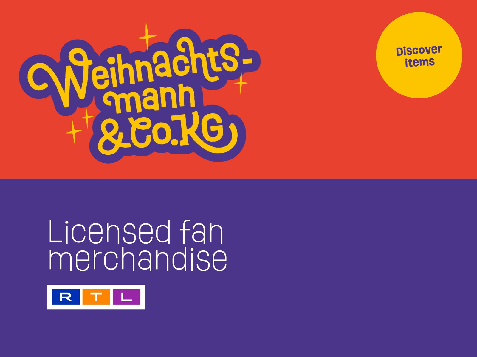 Lizenzierte Ware, RTL-Logo, Lila Hintergrund, Oranges Banner, Gelber Kreis
