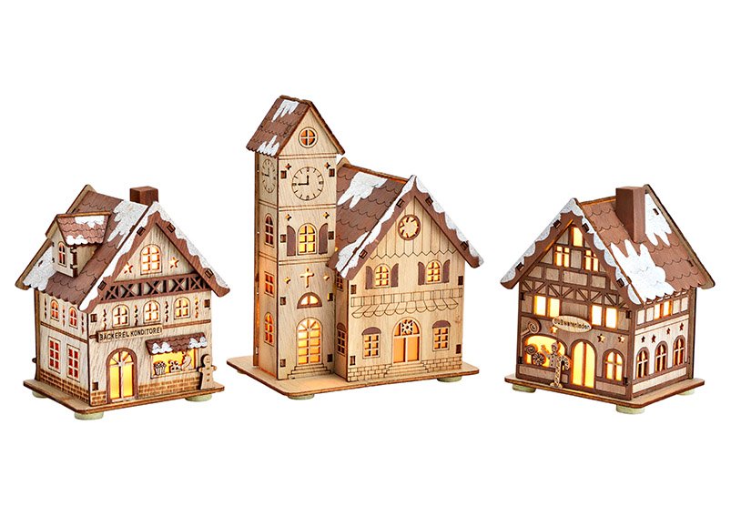 House with LED of wood nature 3-fold, (W/H/D) 9x12x8cm 12x16x9cm