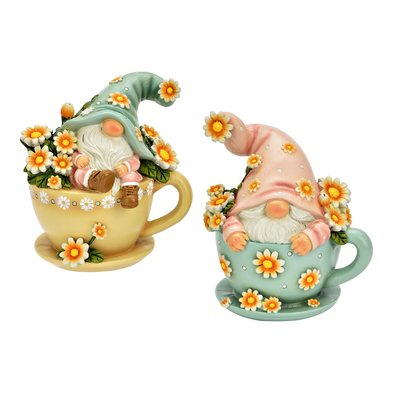 Gartenzwerg Wichtel in Tasse aus Poly, 2-fach, Beige/Blau/Rosa (B/H/T) 9x11x7cm Kunst, Porzellan, Töpferei, Figur, Tasse