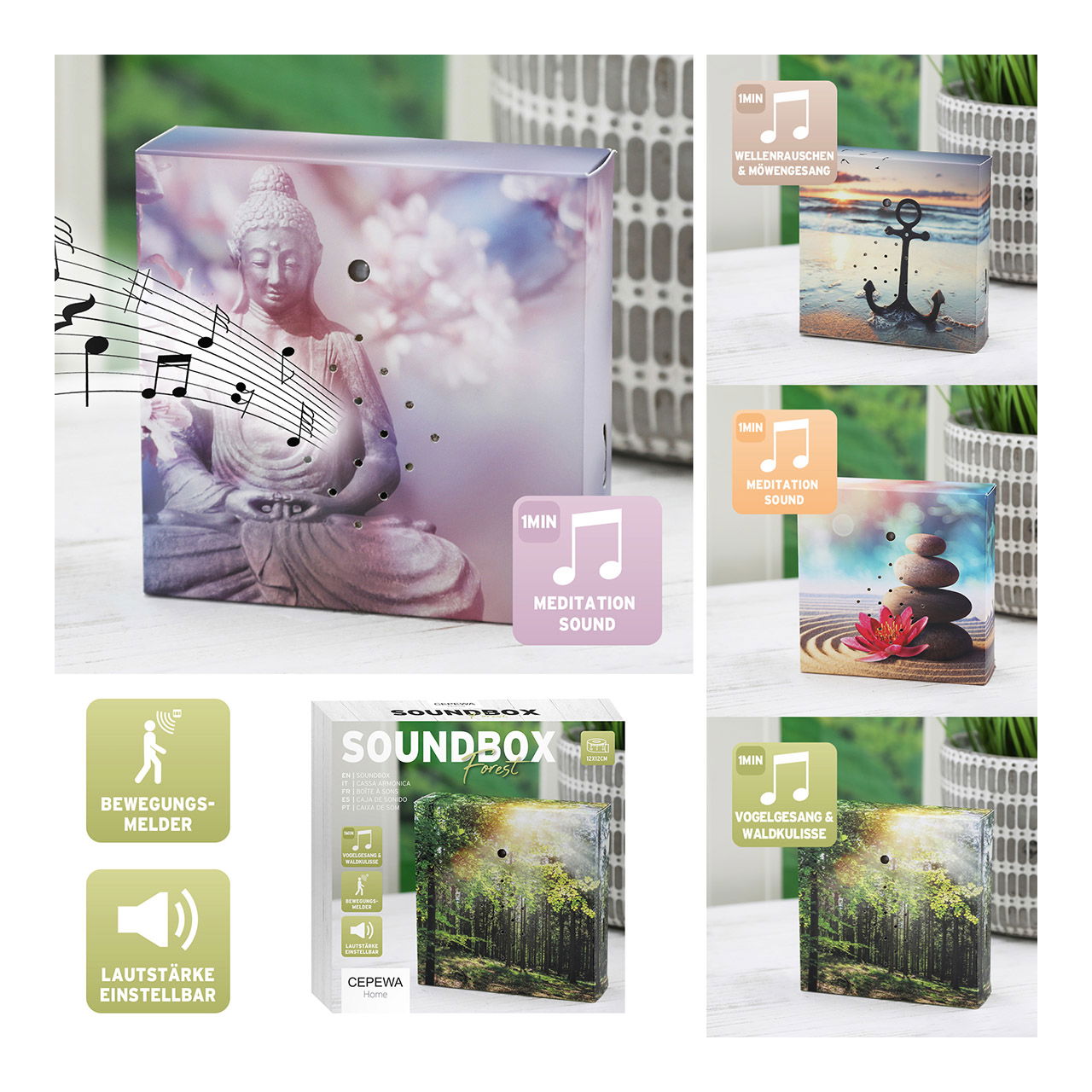 Soundbox 4 verschiedene Sounds, Bewegungsmelder, 3xAA nicht enthalten, aus Papier/Pappe bunt 4-fach, (B/H/T) 12x12x3,5cm Soundbox 4 verschiedene Sounds, Bewegungsmelder, 3xAA nicht enthalten, aus Papier/Pappe bunt 4-fach, (B/H/T) 12x12x3,5cm