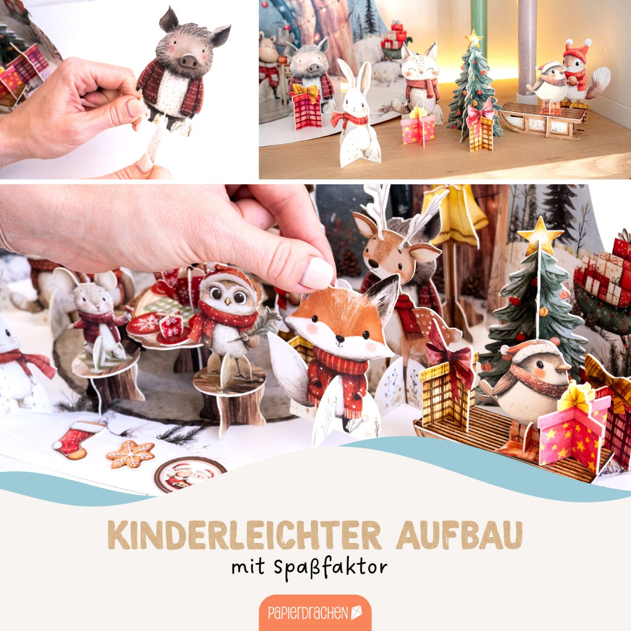 Adventskalender – Teeparty Waldtiere aus Papier/Pappe Bunt 24er Set (B/H/T) 32x22x1cm Papierfiguren, Kunsthandwerk, Weihnachtsdeko, Tierfiguren, Bastelset