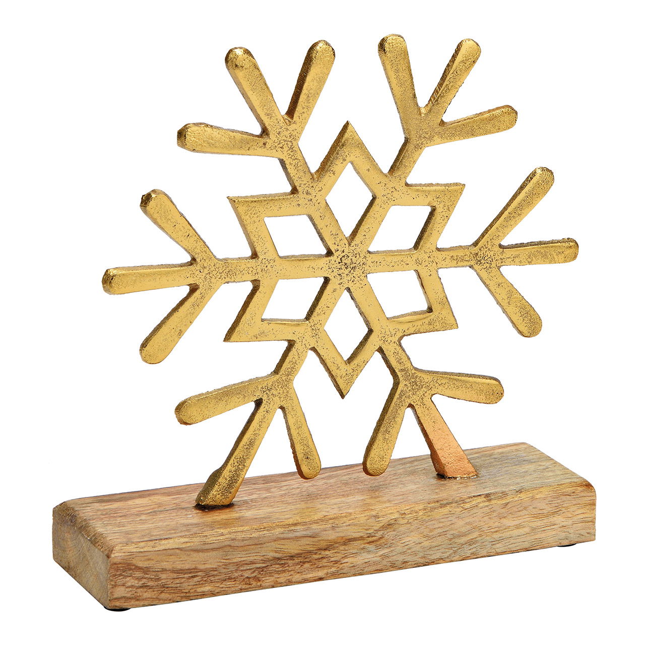 Display sneeuwvlok op mangohouten voet van metaal goud (B/H/D) 18x18x6cm