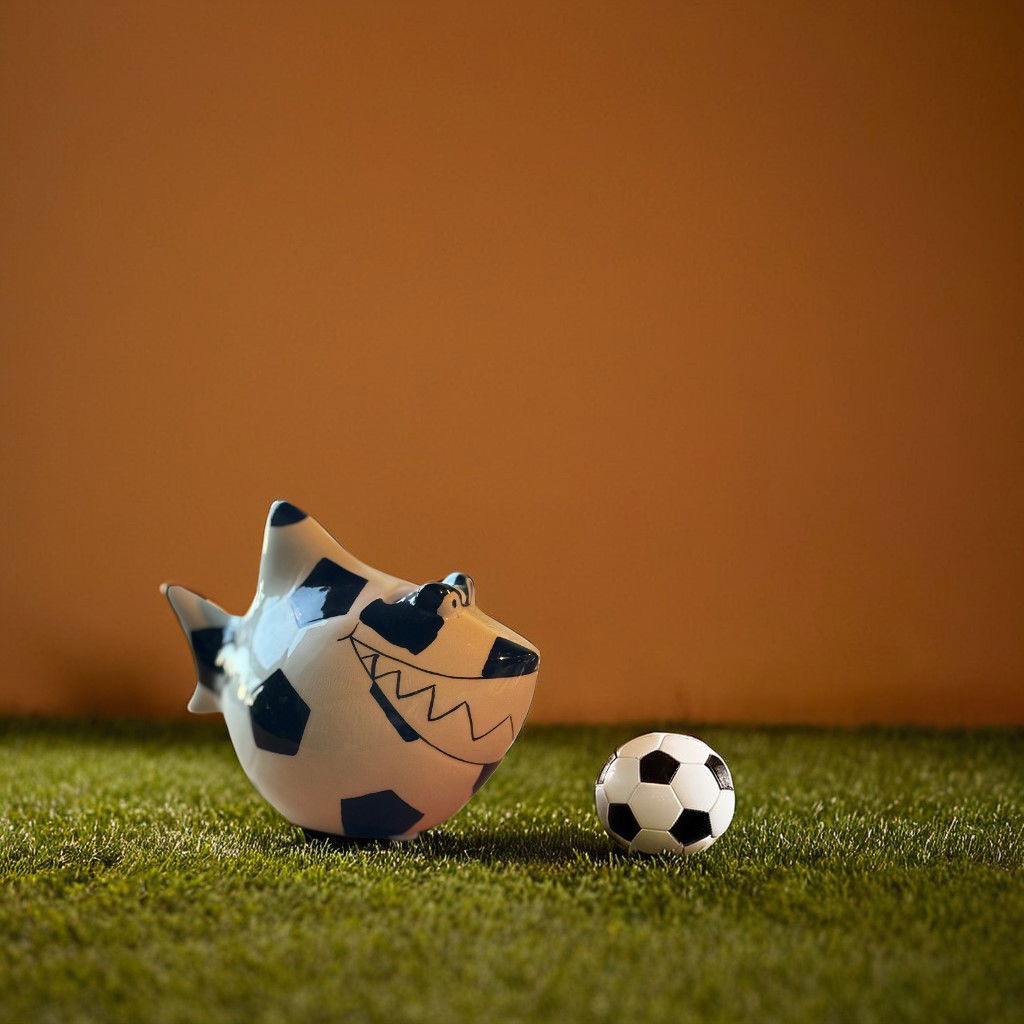 KCG Sparschwein Hai Fußball aus Keramik, Weiß/Schwarz (B/H/T) 13x11x7,5cm Fußball-Ball, Sport, Töpferei, Kochgeschirr, Topf