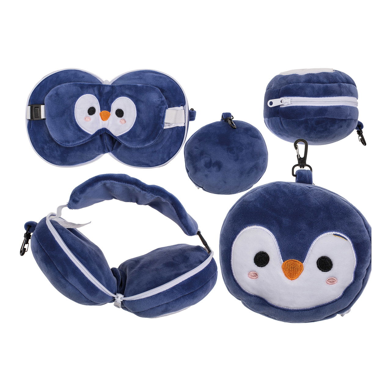 Cuscino da viaggio in peluche per bambini con maschera per gli occhi di pinguino in tessuto grigio (L/H/D) 14x14x10cm