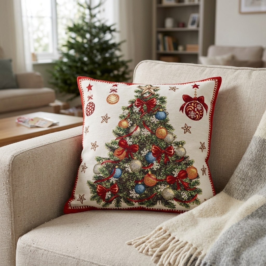 Funda de cojín decoración árbol de Navidad de tela, beige/rojo (A/A) 45x45cm con cremallera kissen, weihnachten, tannenbaum, sternchen, baumkugeln