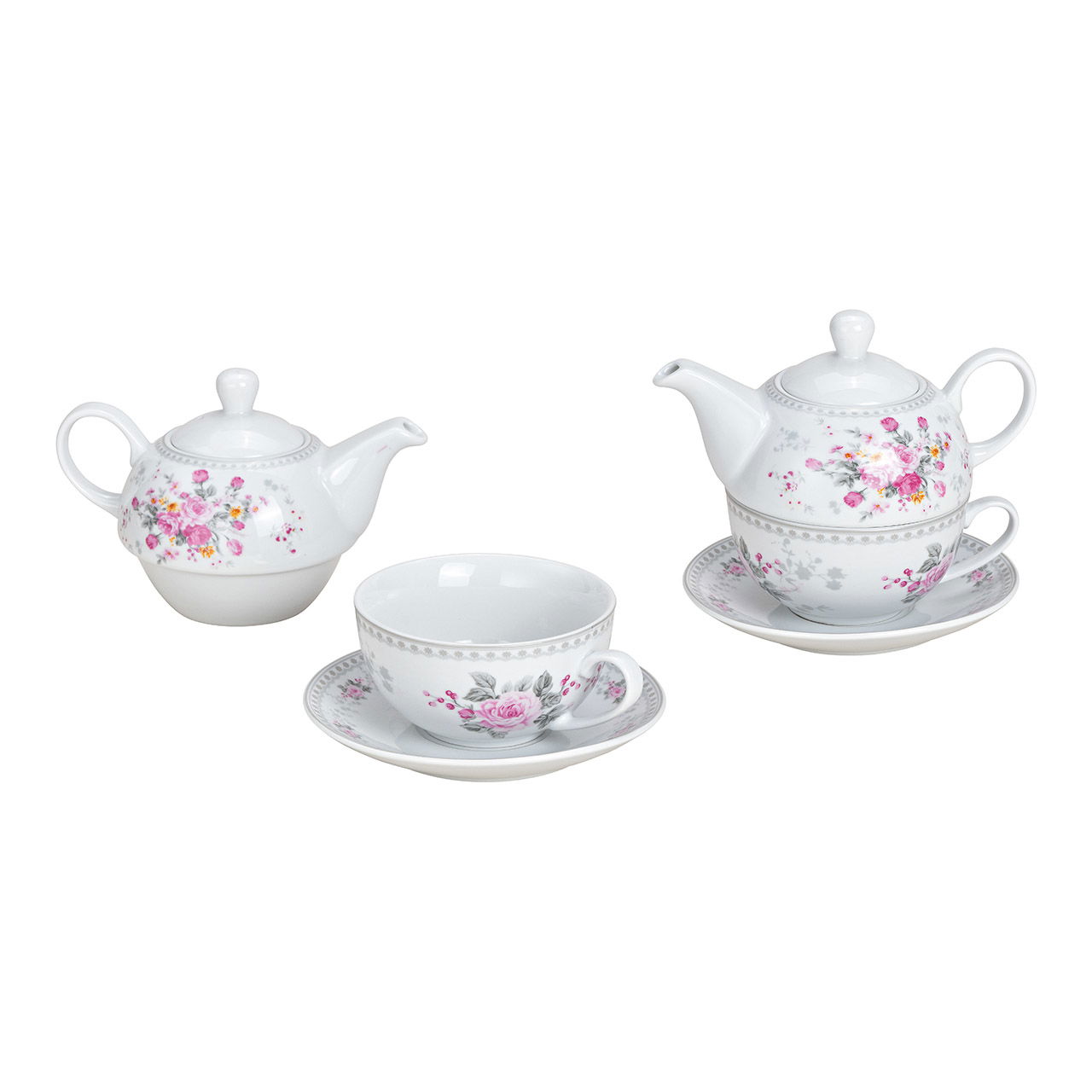 Set de théières décorées de roses en porcelaine rose/rose, lot de 3, (L/H/P) 16x14x15cm, 200/400 ml