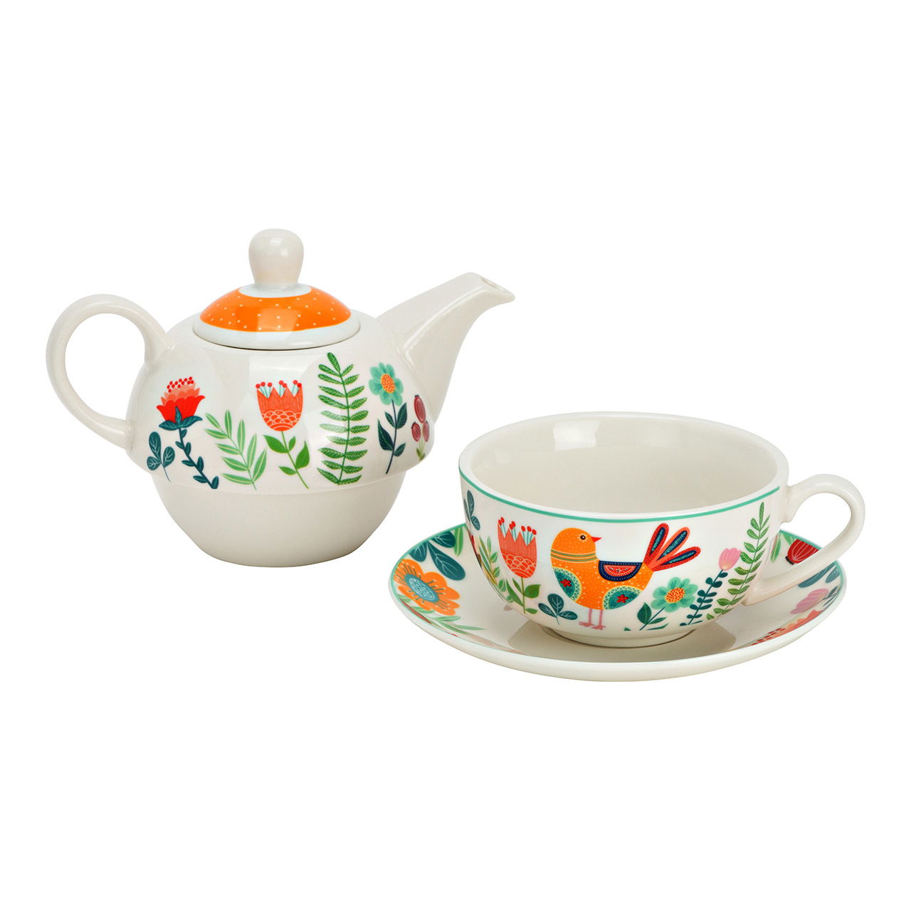 Teapot set with bird/flower design made of porcelain, colorful (W/H/D) 17x14x15cm, 400ml/200ml