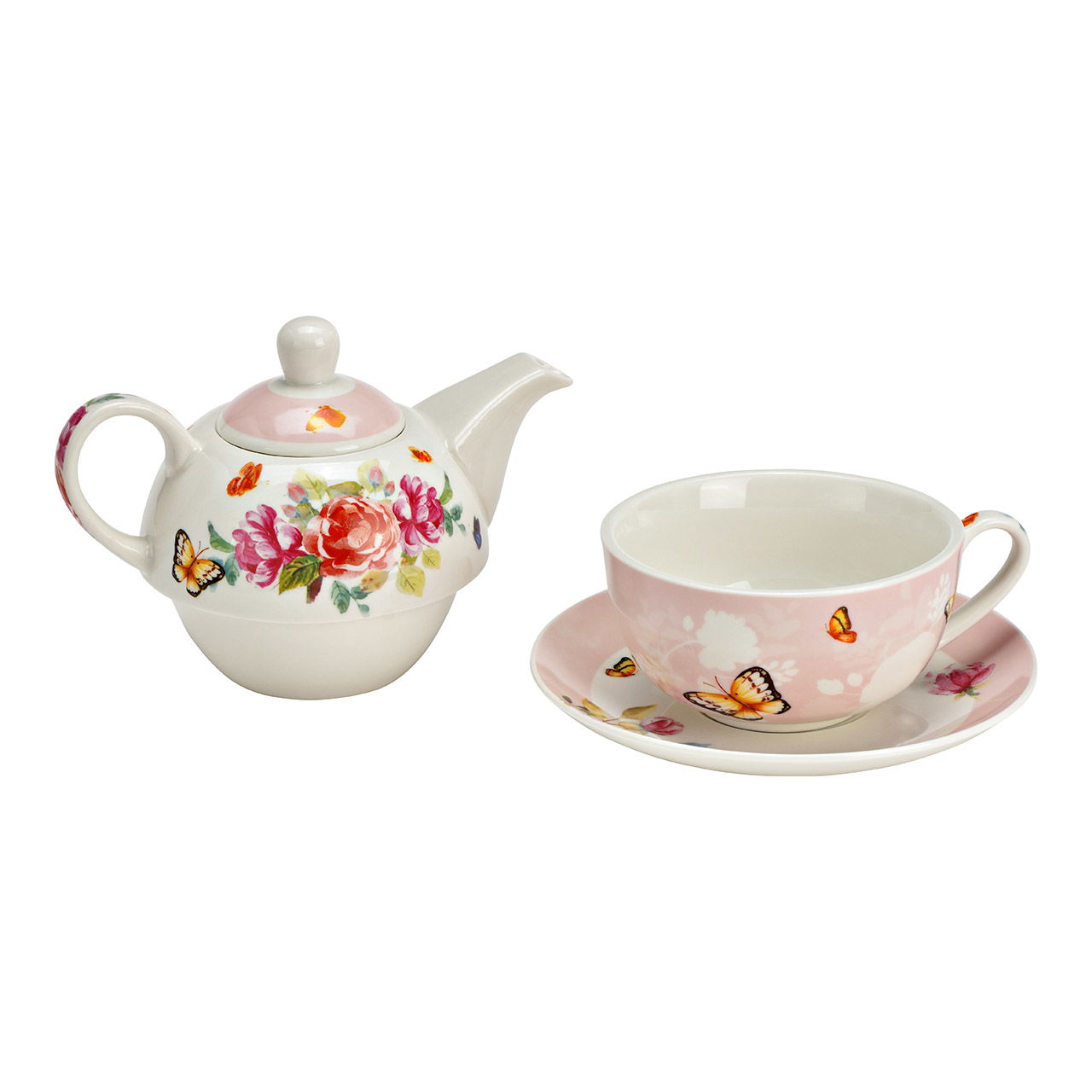 Teapot set roses, butterfly decor set of 3, made of porcelain colorful (W/H/D) 15x16x15cm 400ml/250ml