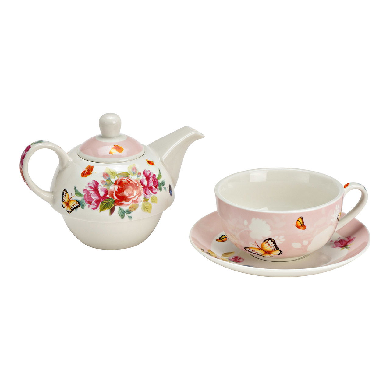 Teekannen Set Rosen, Schmetterling Dekor 3-er Set, aus Porzellan bunt (B/H/T) 15x16x15cm 400ml/250ml Teekannen Set Rosen, Schmetterling Dekor 3-er Set, aus Porzellan bunt (B/H/T) 15x16x15cm 400ml/250ml