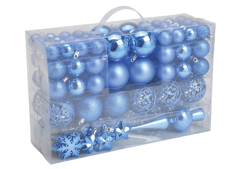 Set de boules de Noël en plastique Bleu roi 111 pièces, (L/H/P) 23x35x12cm Ø 3/4/6 cm