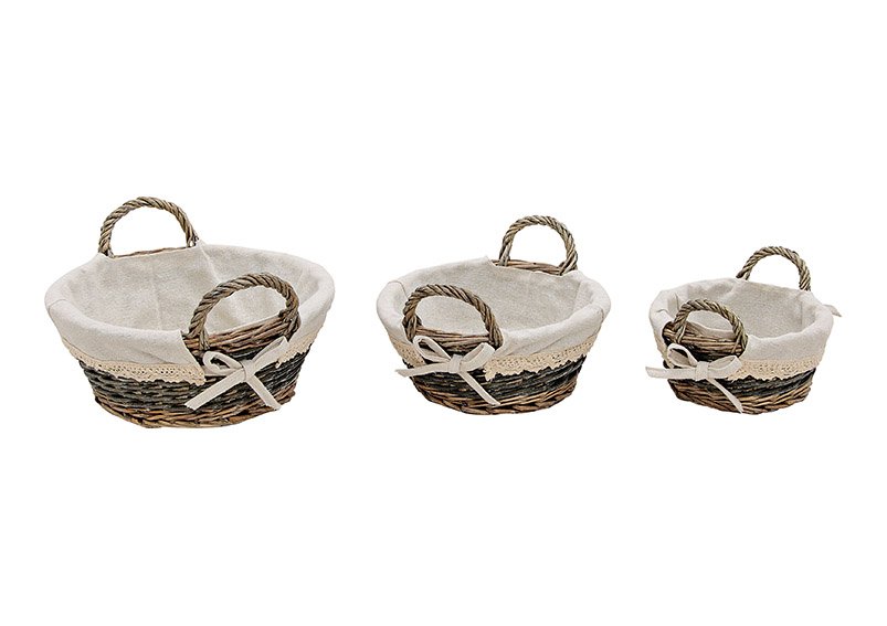 Basket set of 3, willow weave, with textile inlay, beige color, 30x16x28cm