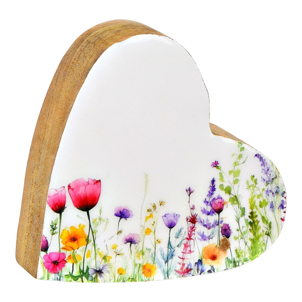Heart made of mango wood, flowers, colorful (W/H/D) 10x10x4cm Blume, Pflanze, Blütenblatt, Gänseblümchen