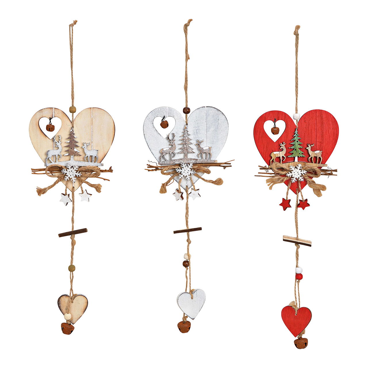 Hanger hart hert decor van hout gekleurd 3-voudig, (w/h/d) 13x32x1cm