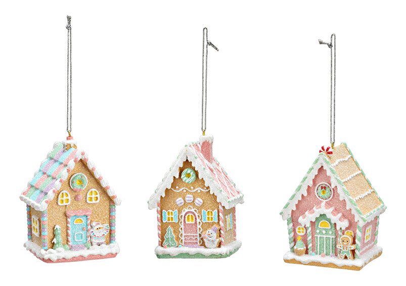 Hanger gingerbread house made of poly mint, pink (W/H/D) 6x10x6cm