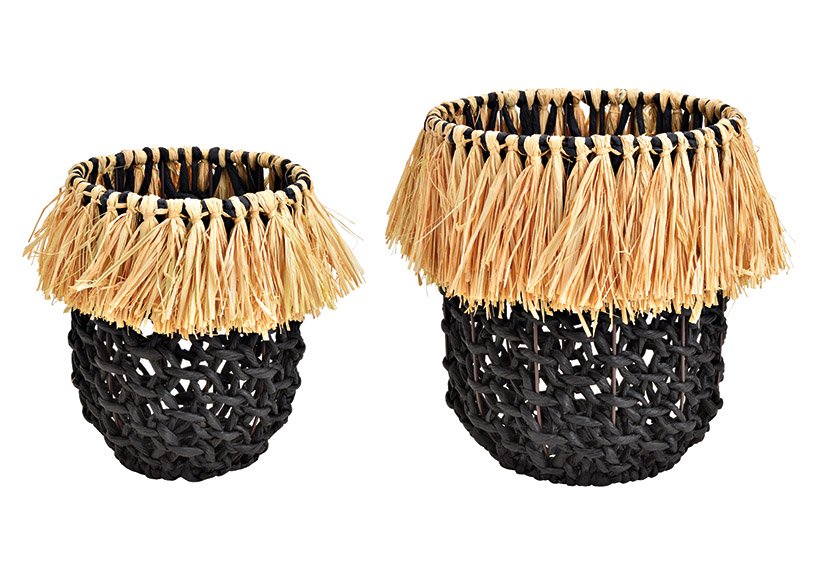 Basket, flower pot made of paper, raphia, metal black set of 2, (W / H / D) 26x31x26cm 20x26x20cm