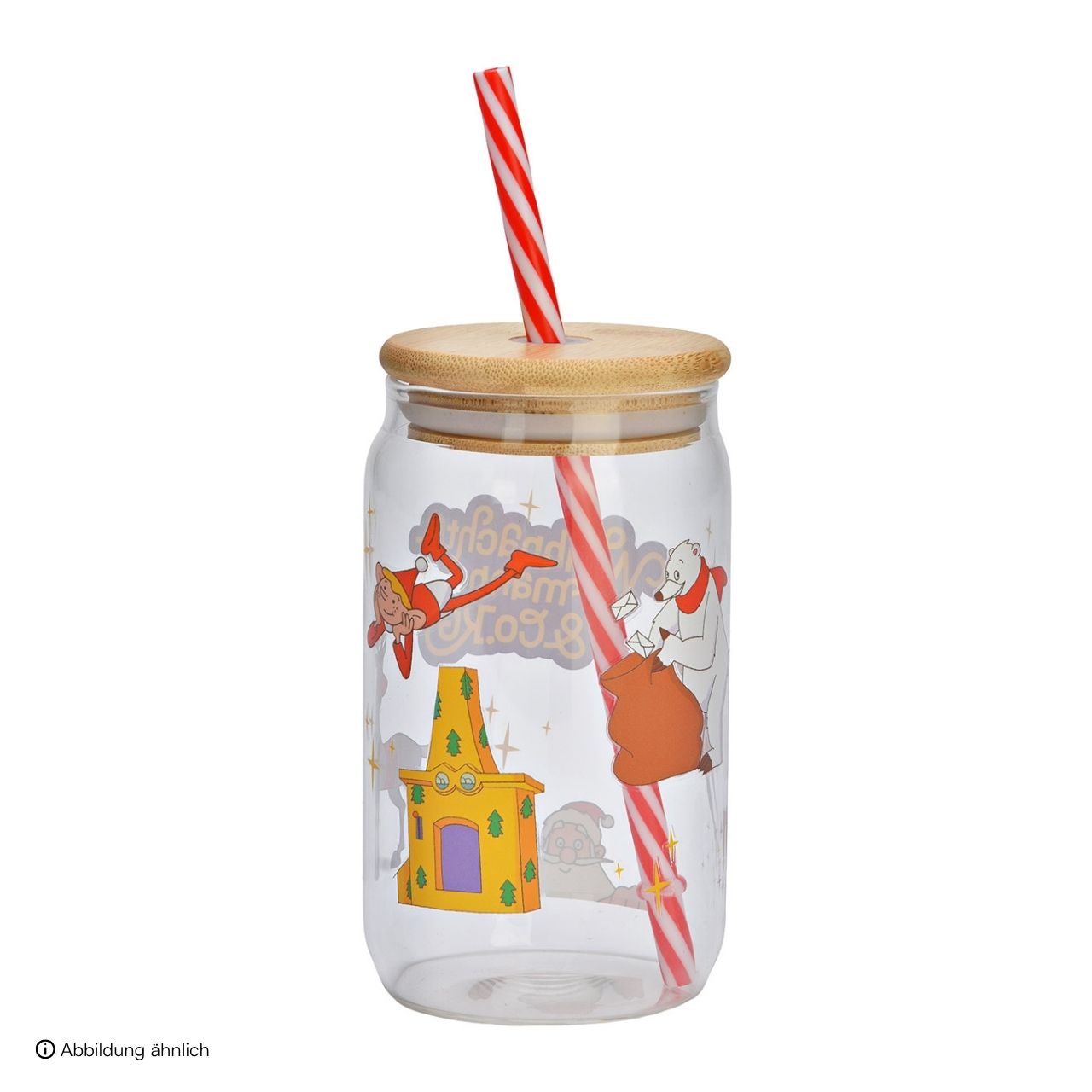 Babbo Natale & Co. KG Bicchiere da bere con coperchio/stecca in vetro/bambù, trasparente (L/H/D) 8x13x8cm 470ml Glasflasche, Strohhalm, Holzdeckel, festlich, Weihnachten