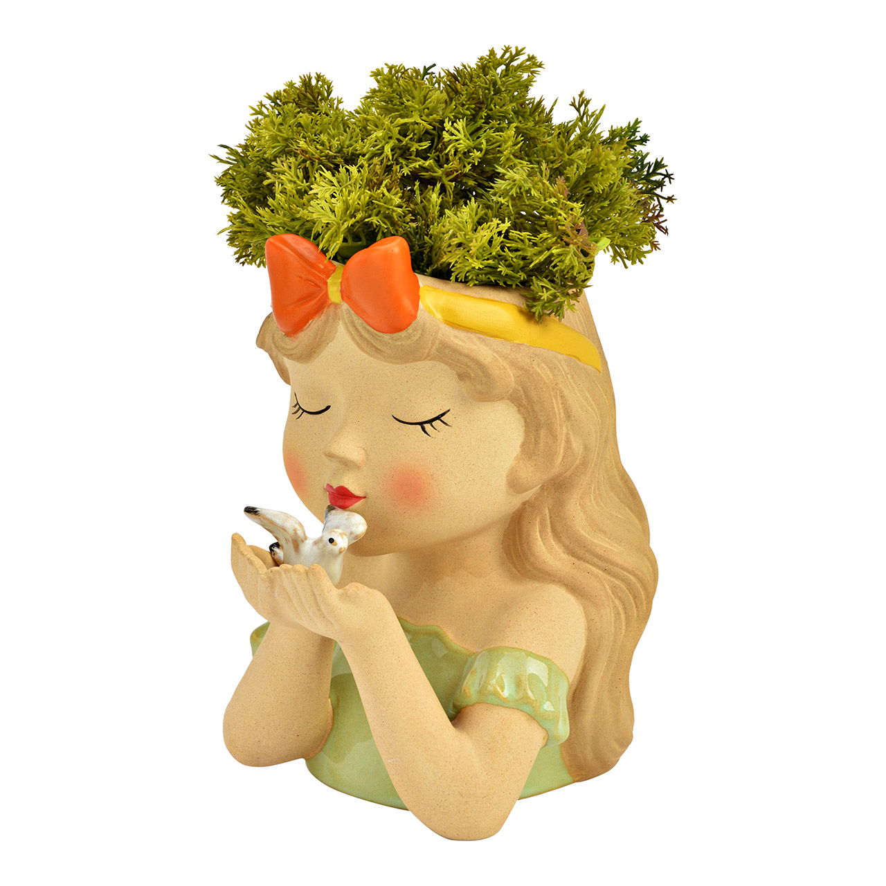 Vase Mädchen mit Friedenstaube aus Steingut, Beige/Grün (B/H/T) 12x16x15cm Figur, Person, Gesicht, Kopf, Krug