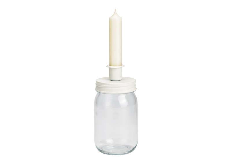 Glass candle holder, metal transparent, white (W/H/D) 7x16x7cm