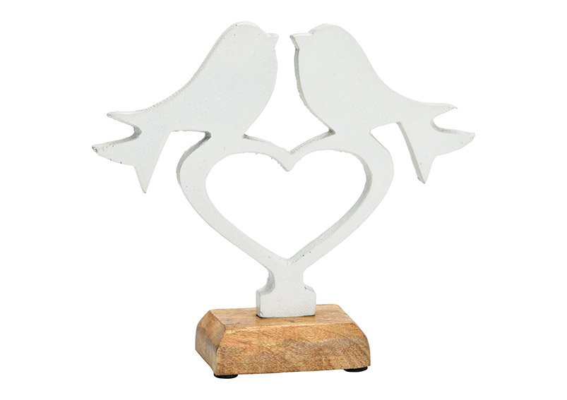 Uccello da esposizione su cuore, su base in legno di mango, in metallo bianco (L/A/D) 19x17x5cm