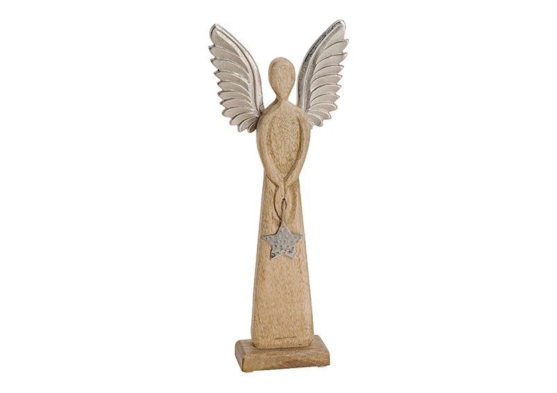 Angel, mango wood, with metal wings, star hanger, brown silver color, 17x45x6cm
