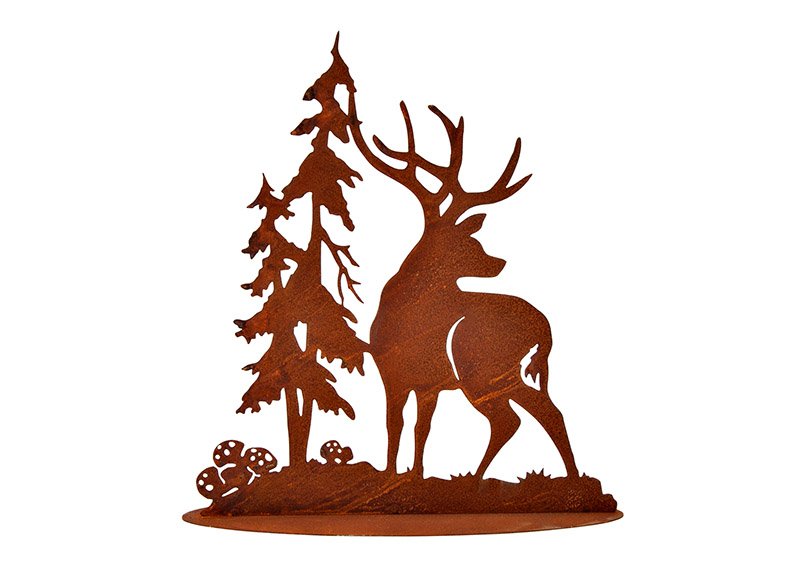 Deer with tree, rusty finish metal brown (W/H/D) 20x22x6cm