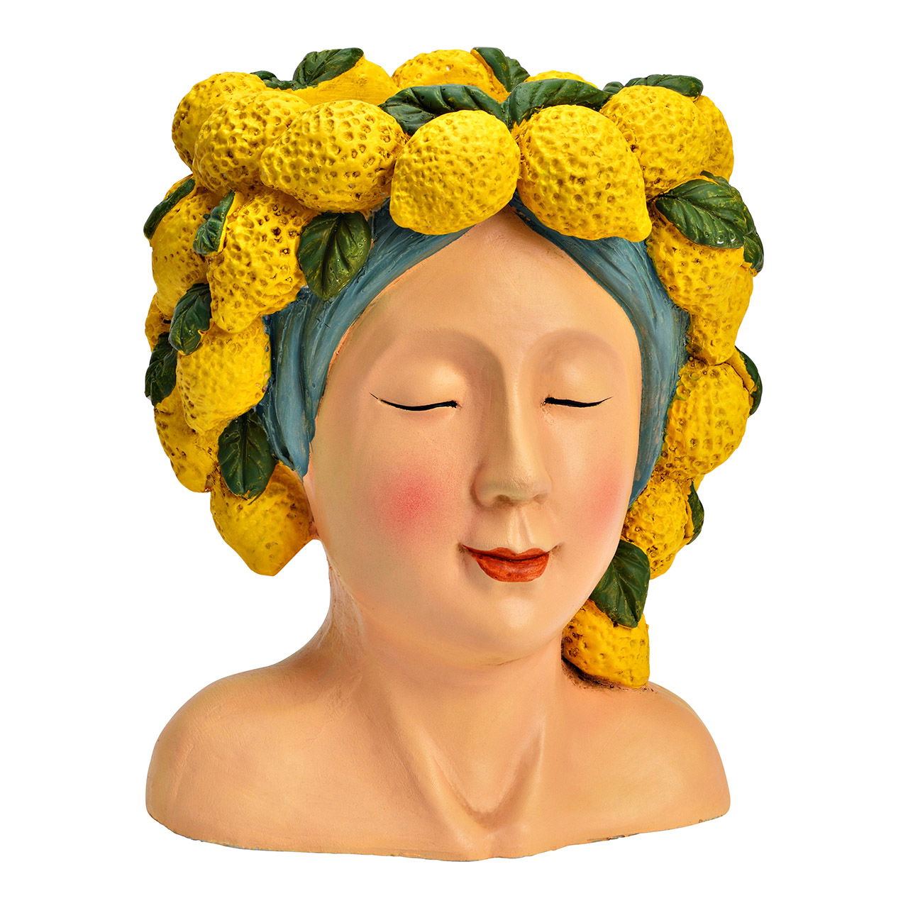 Flower pot female head with lemons made of magnesia, pink/yellow (W/H/D) 22x27x21cm