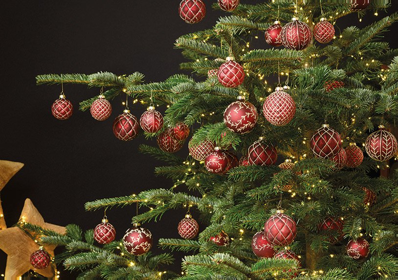 Palla di Natale glitter di vetro rosso, oro 4-fold, (w/h/d) 6x6x6cm