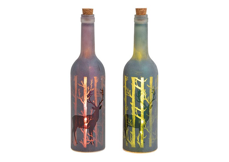 Glass bottle 4 led, dder glass green/red 2-asst. 7x30x7cm