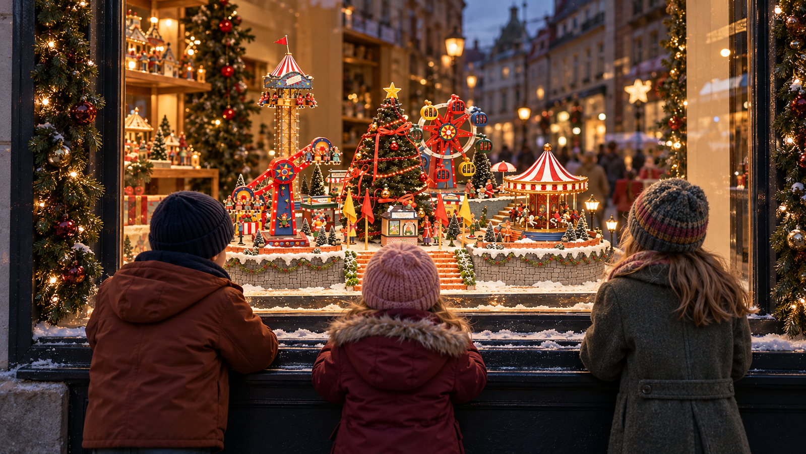 Weihnachtsdekoration, Schaufenster, Miniatur-Kirmes, Karussell, Weihnachtsbaum, Weihnachtsdekoration, Miniaturkirmes, Karussell, Weihnachtsbaum, Schaufensterdekoration