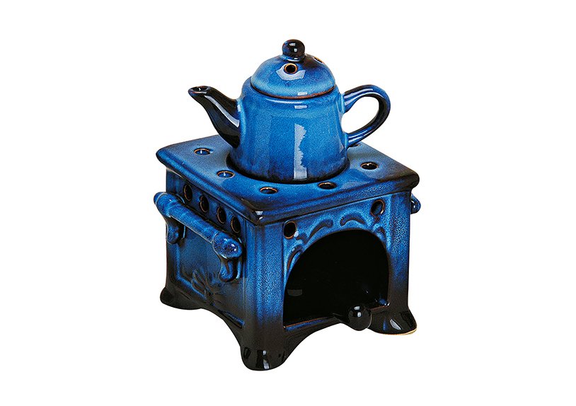 Duftlampe aus Keramik, Herd mit Kanne in blau, B10 x T10 x H15 cm