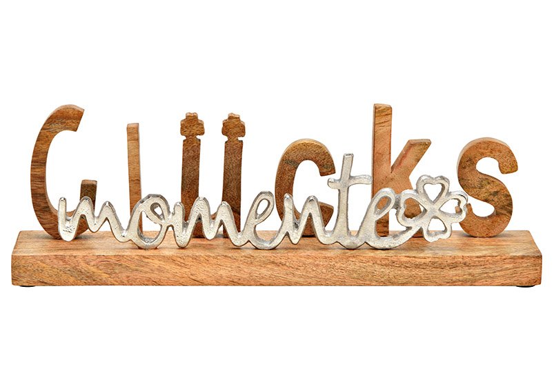 Schriftzug, Glücksmomente, auf Mangoholz Sockel, aus Metall Silber (B/H/T) 38x12x7cm