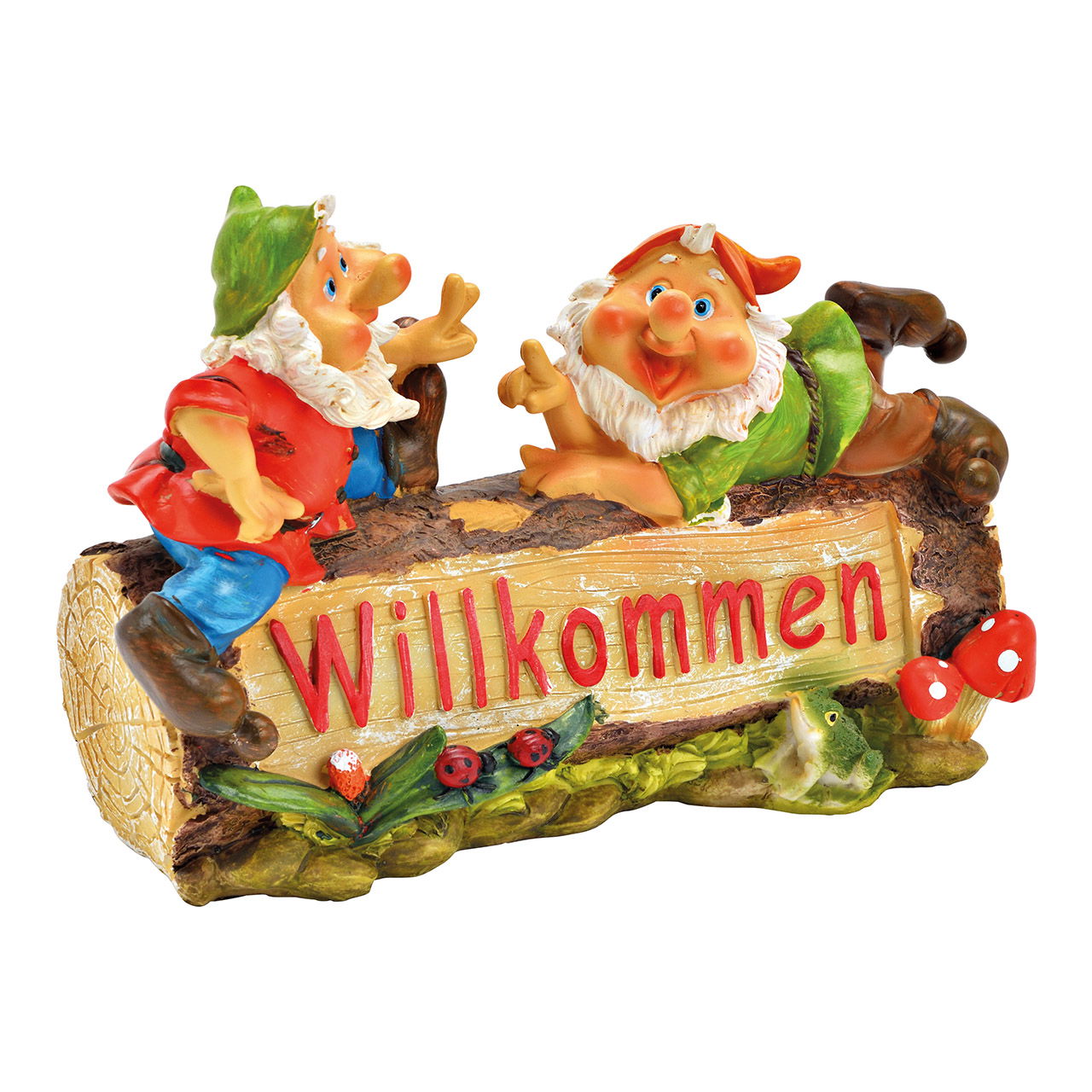 Garden gnomes on wooden trunk, Willkommen, made of poly Colorful (W/H/D) 26x19x11cm