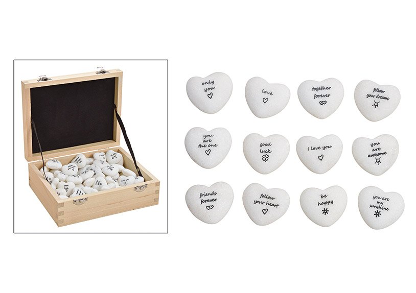 Heart with sayings made of marble white 6-fold, (w / h / d) 3x3x1.5cm 72 pieces in a wooden box