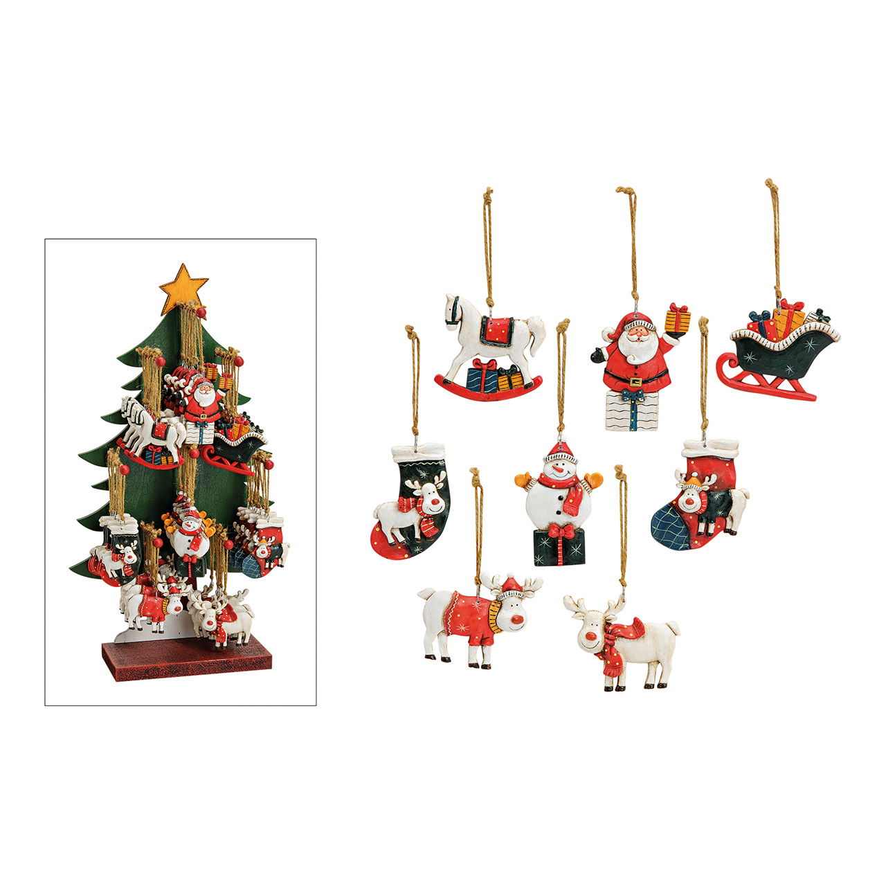 Adorno navideño de poliéster en soporte para árbol, 8 pliegues, rojo/blanco/verde (ancho/alto/profundidad) 8x6x0,5cm