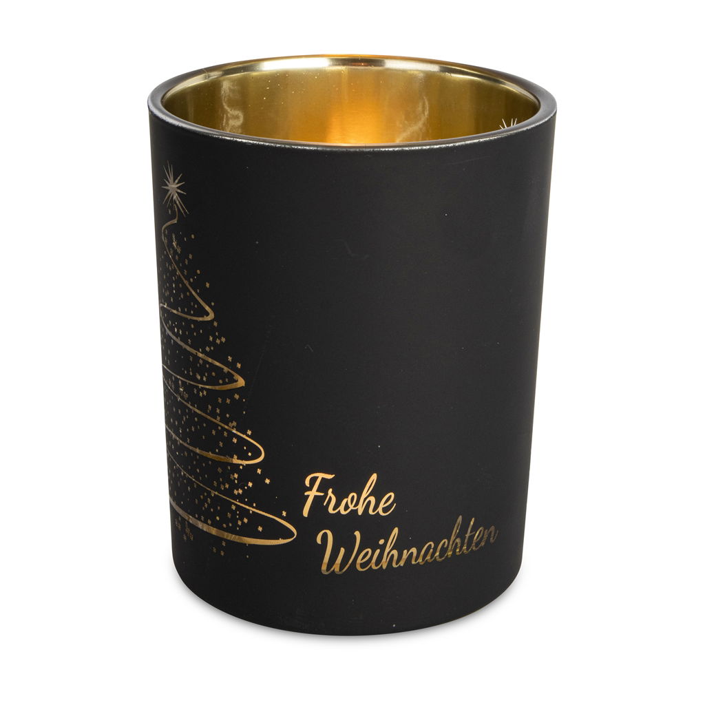 Teelichtglas mit Weihnachtsdesign, Glas, 10x12,5cm, 1 Stck, schwarz