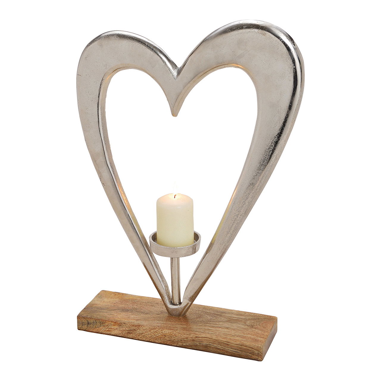 Heart with candle holder, metal, mangowood base, silver brown, 35x51x10cm