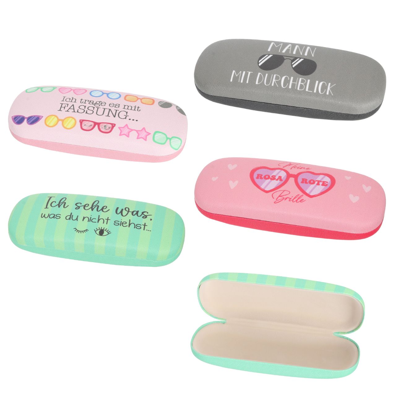 Dichos de funda de gafas, 4/s, aprox. 16cm chapa de hierro/PU, 4 diseños surtidos, expositor de plástico de 12 piezas Brillenetui, Brillenetui Set, Brillenetui Box, Brillenetui Aufbewahrung, Brillenetui aus Kunststoff