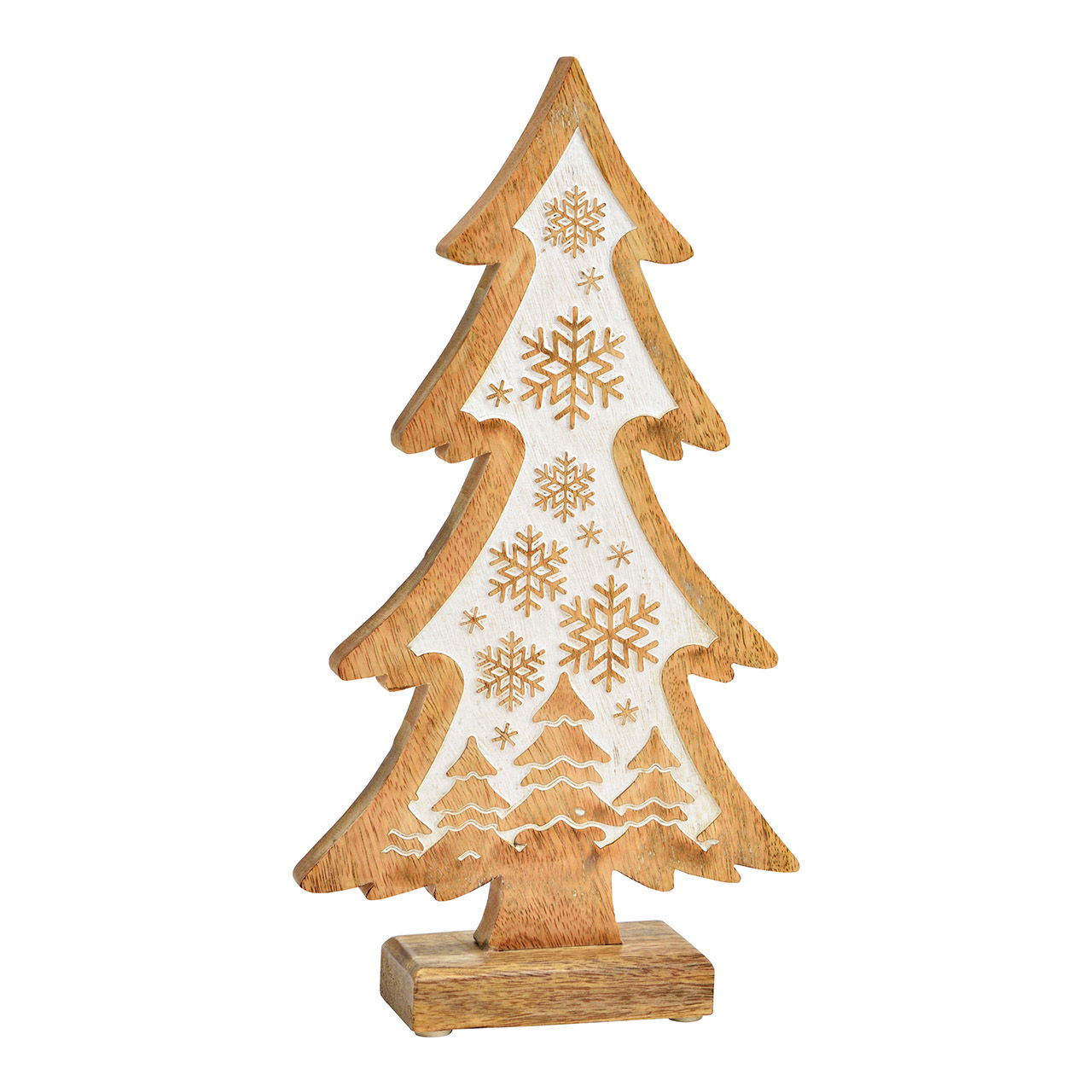 Aufsteller Tannenbaum, Schneeflocke Dekor aus Mangoholz natur, weiß (B/H/T) 17x32x5cm