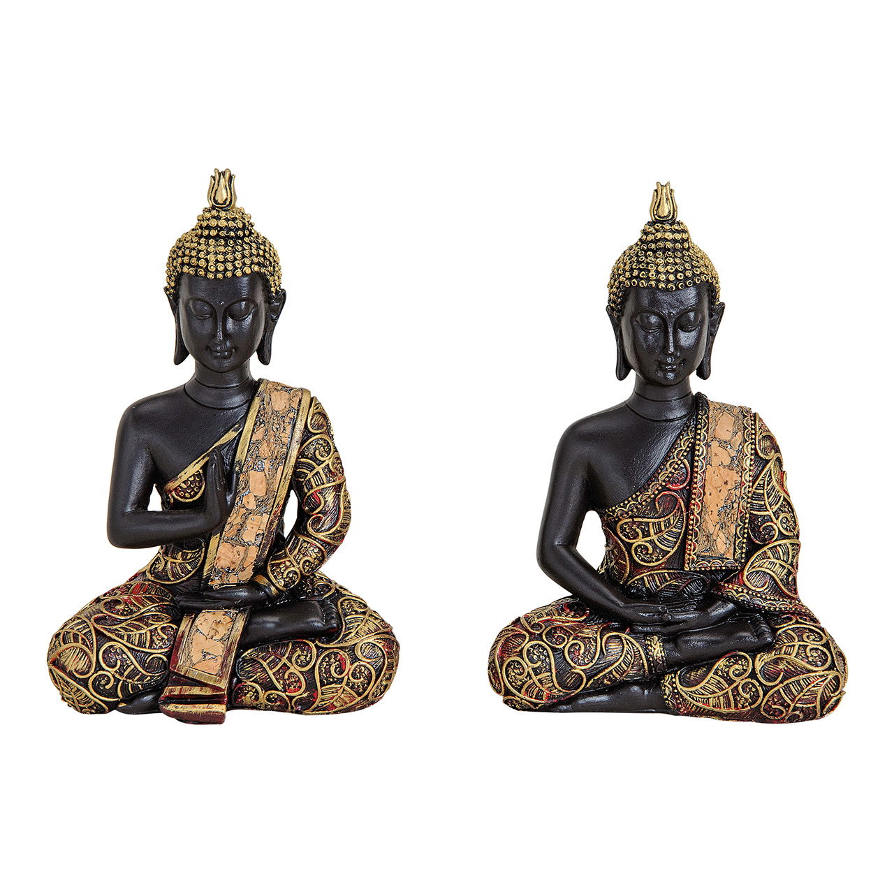 Buddha in schwarz/gold aus Poly, 2-fach sortiert, B10 x T5 x H15 cm Buddha in schwarz/gold aus Poly, 2-fach sortiert, B10 x T5 x H15 cm