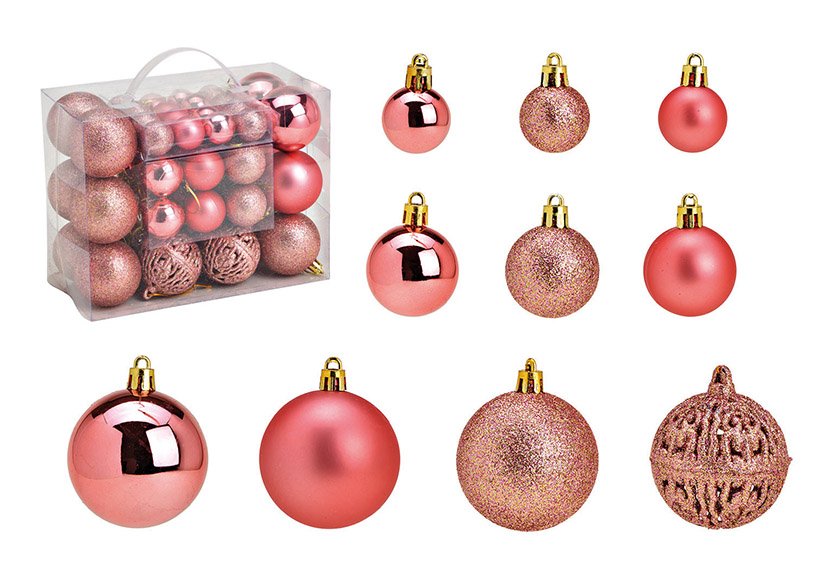 Set de boules de Noël en plastique Orange Rose/Rose Set de 50, (L/H/P) 23x18x12cm Ø3/4/6cm