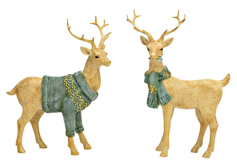 Cervo con maglione, sciarpa in polietilene verde a 2 pieghe, (L/H/D) 16x26x6cm