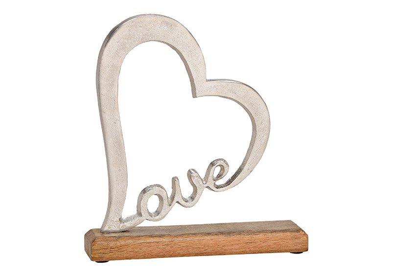 Présentoir cœur love en métal sur socle en bois de manguier Argenté, marron (L/H/P) 23x25x5cm