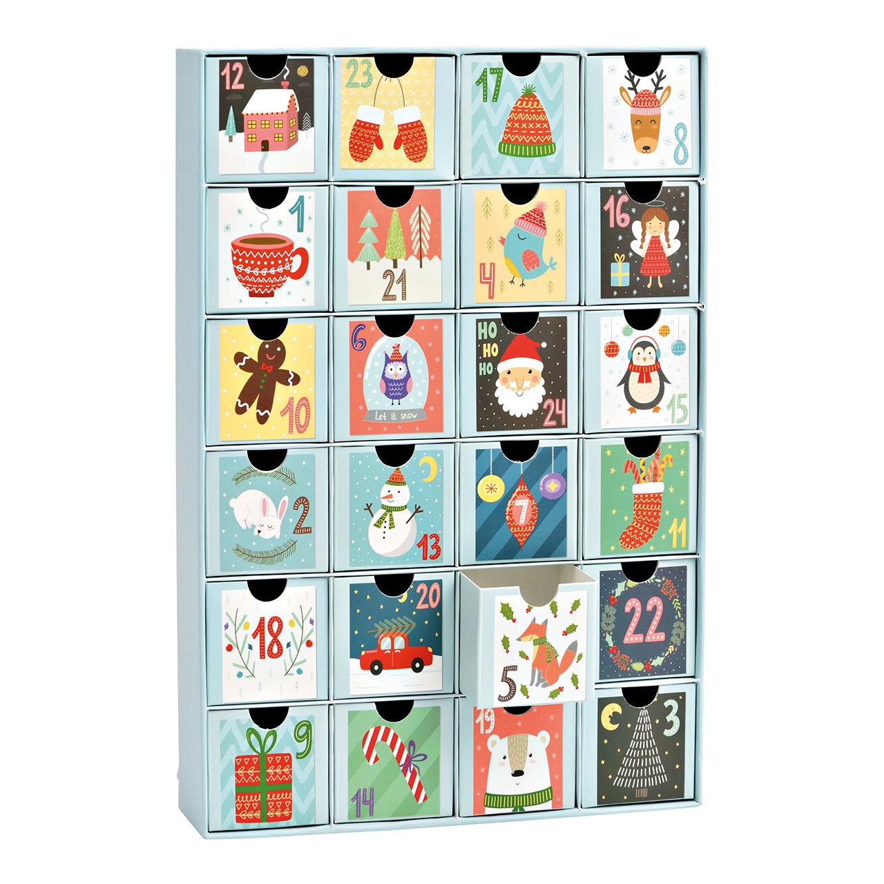 Calendrier de l'Avent en papier/carton, 24 boîtes Ø6cm, bleu (L/H/P) 26x39x6cm Calendrier de l'Avent en papier/carton, 24 boîtes Ø6cm, bleu (L/H/P) 26x39x6cm
