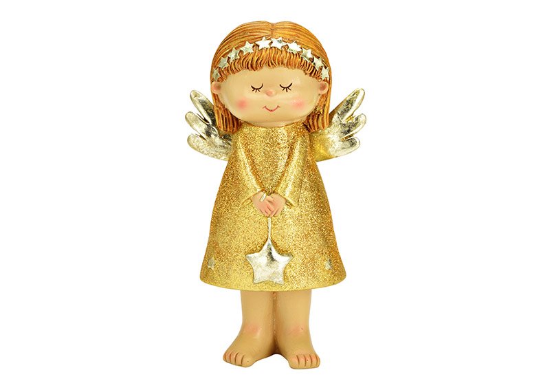 Engel mit Glitter aus Poly Gold (B/H/T) 11x21x7cm